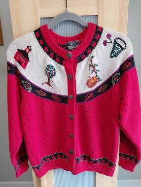 Vintage Red Black Fall Themed Handframed Woolrich Cardigan Sweater